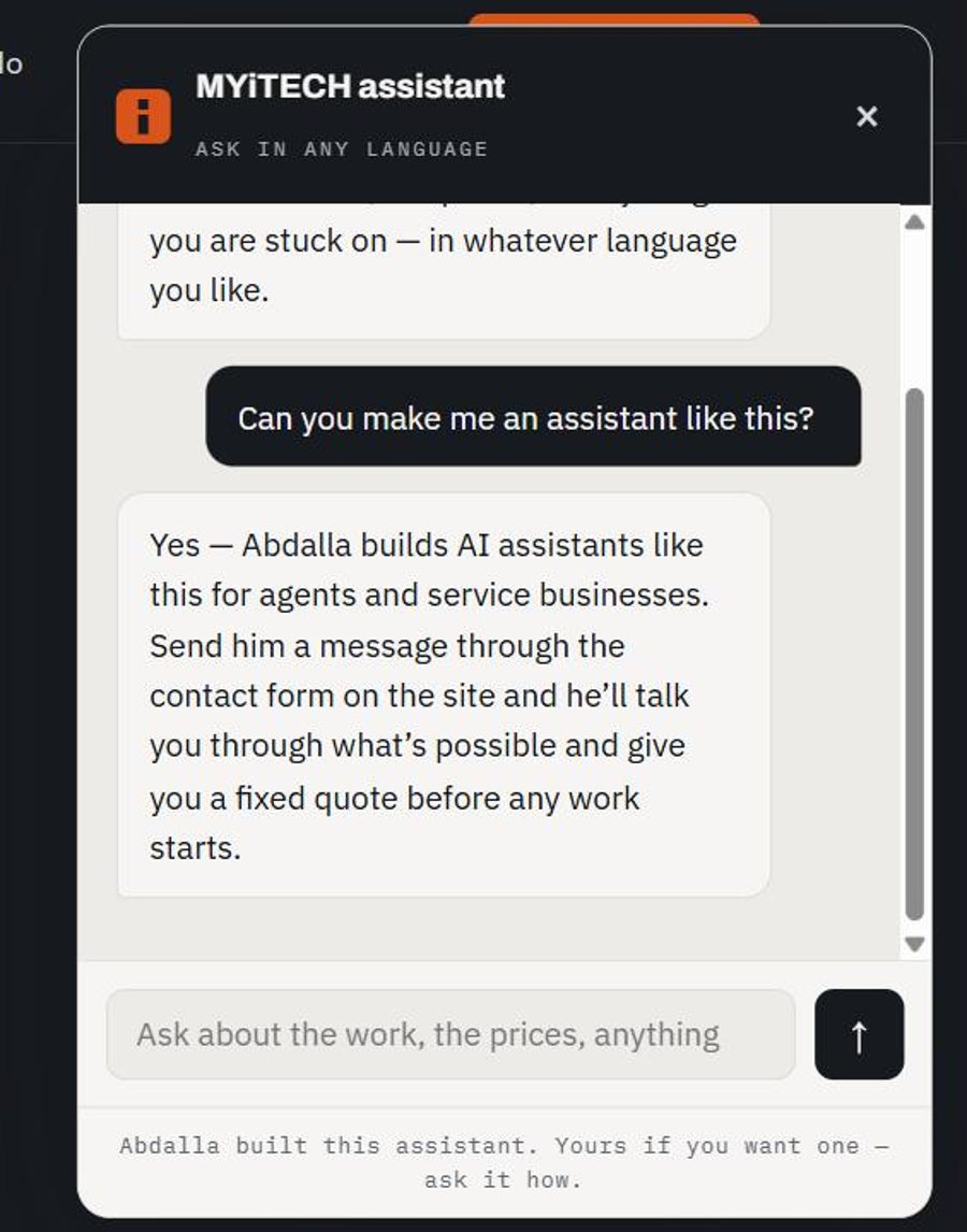 The MYiTECH assistant answering a visitor who asked whether one could be built for them
