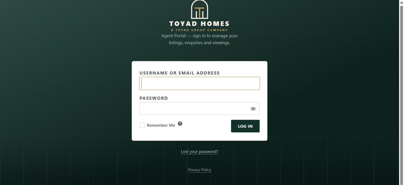 The Toyad Homes Agent Portal sign-in page, branded rather than the default WordPress login screen