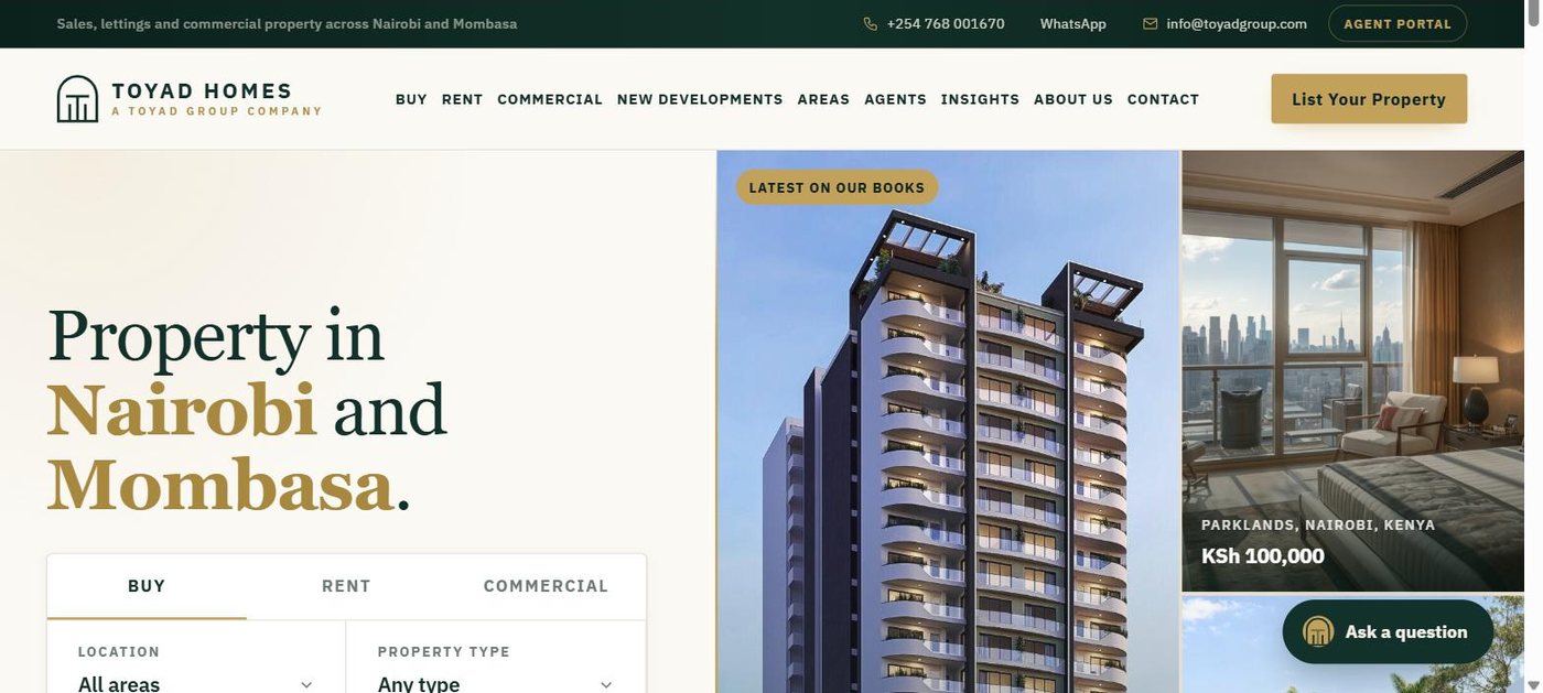 The Toyad Homes front page: property search for Nairobi and Mombasa with a featured development and an on-site assistant